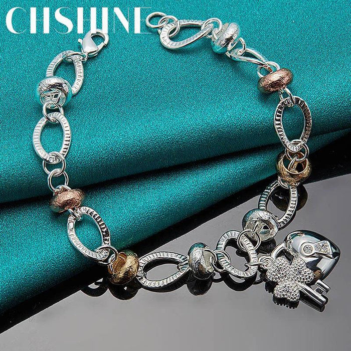 Radiant 925 Sterling Silver Heart Lock Clover Bracelet with Dazzling Zircon Stones