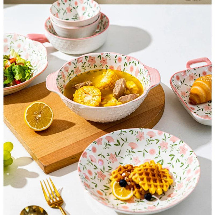 Charming Korean Ceramic Dining Set with Lid - Peach Designed Rice, Soup Bowls, and Elegant Pink Plate with Handle Bowl