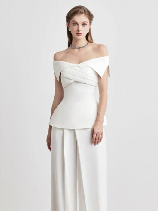 Summer 2-Piece Set with Off-Shoulder Neckline and Cross-Back Design - Pleated Jacket & Flowing Pants