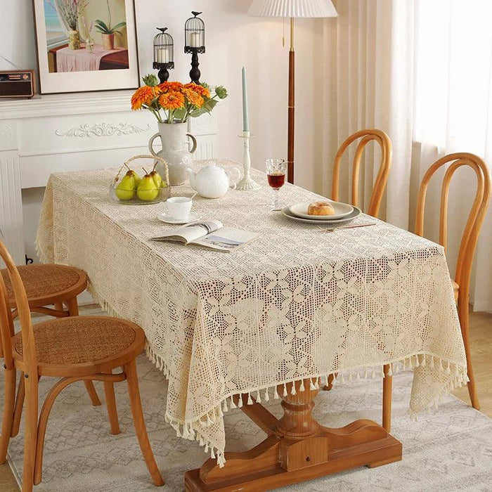 Rustic Elegance Handcrafted Crochet Beige Table Cover - Perfect for Dining, Bridal Celebrations, and Home Decor