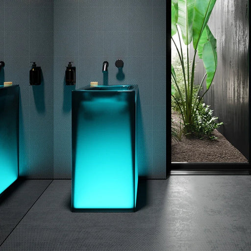 With light, it can emit blue transparent floor-standing washbasin, small bathroom cabinet, bathroom cabinet, column basin