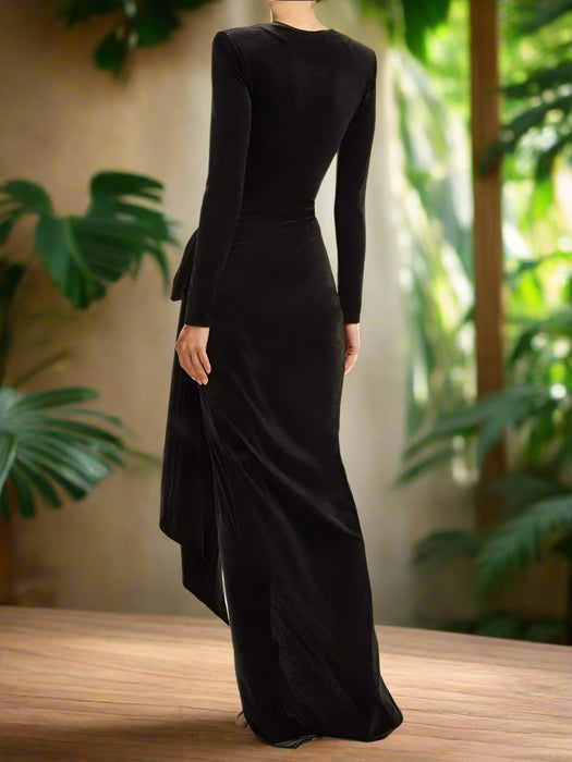Sophisticated Asymmetrical Velvet Evening Dress with Alluring Deep V-neck