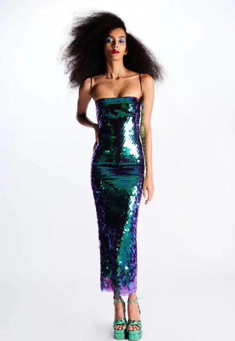 Dazzling Sequin Open-Back Cocktail Dress - Sophisticated Formal Evening Gown for Ladies