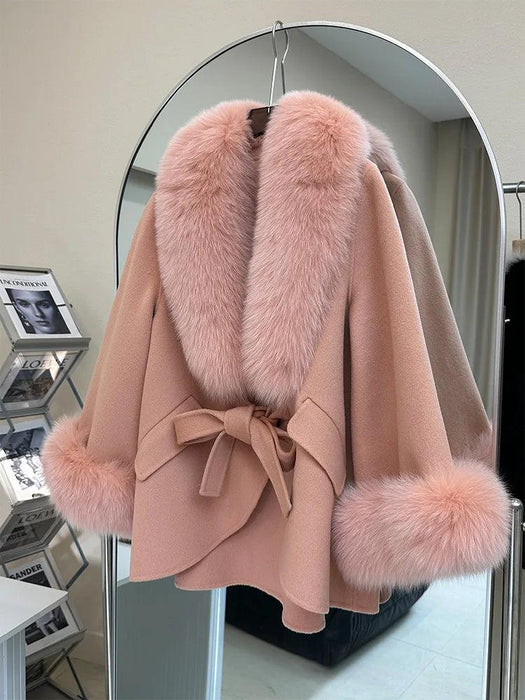 Luxurious Cashmere Wool Winter Coat with Genuine Fox Fur Detailing