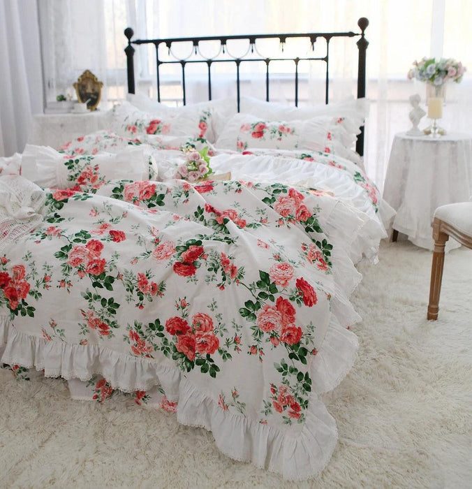 Korean Style Red Rose Printing Bedding Set