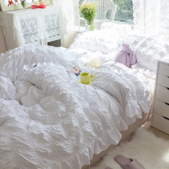 White Ruffled Seersucker Duvet Cover Set for Girls