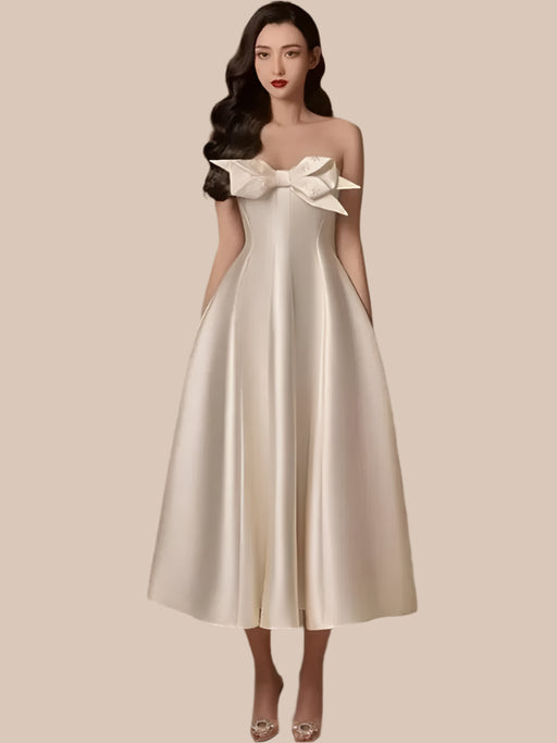 DEAT Chic Bowknot High-Waisted Satin Evening Dress - Strapless Backless Women's Summer Celebration Gown