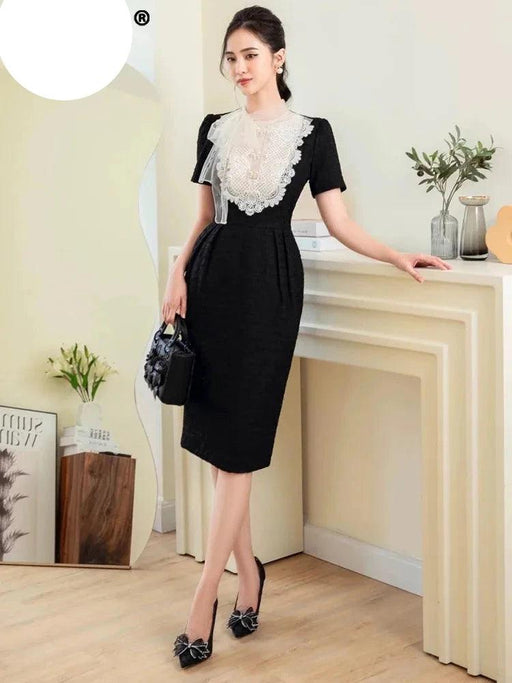 Elegant Embroidered Lace Dress with Stylish Ribbon Accents