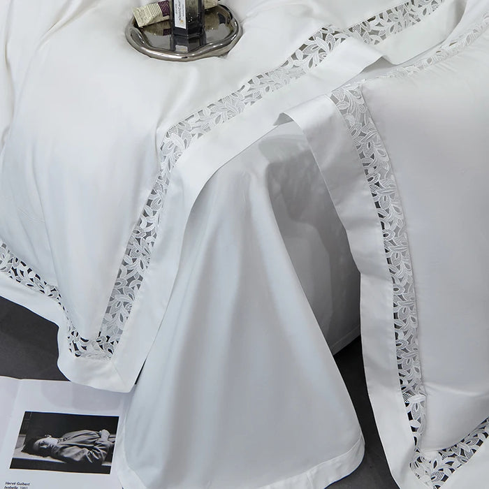 Exquisite 1200TC Egyptian Cotton Luxury Bedding Collection with Elegant Hollow Lace Trim, Duvet Cover, Flat & Fitted Sheets, and Pillowcases