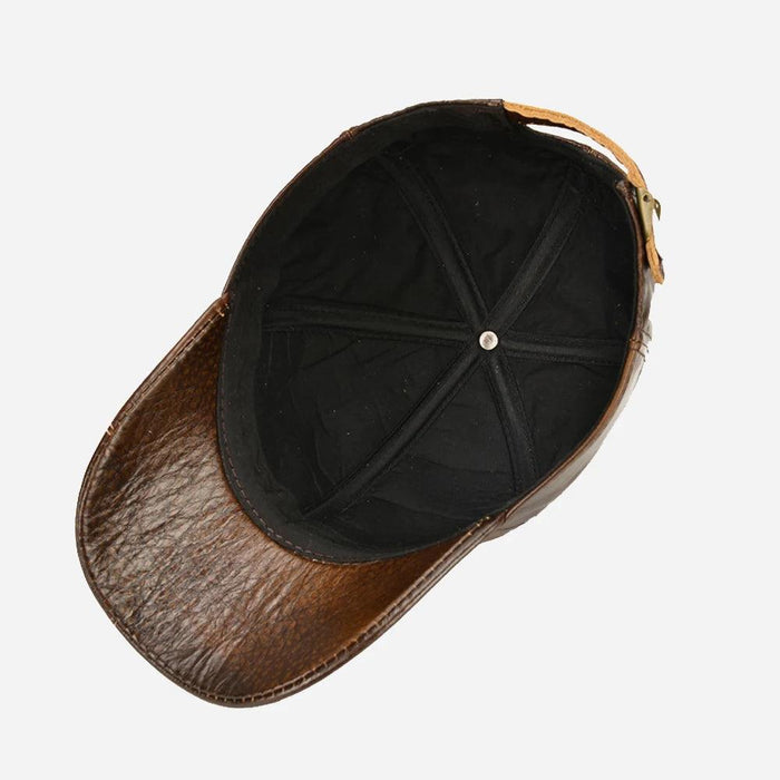 Genuine Cowhide Leather Baseball Cap with Ear Flaps - Men's Stylish Winter Hat for Ultimate Warmth