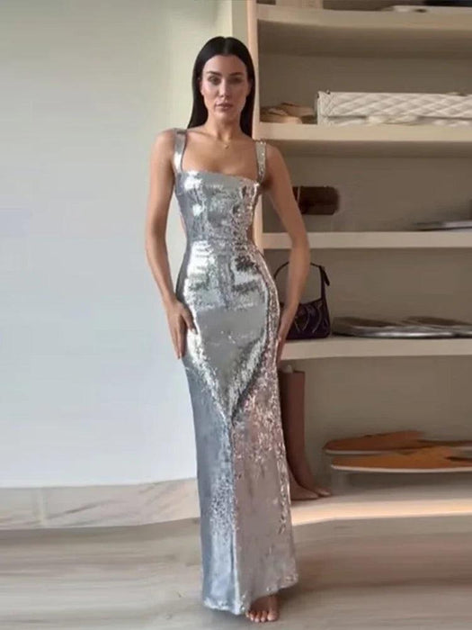 Elegant Silver Backless Maxi Gown - Chic Evening Event Wear