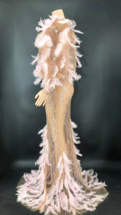 Glamorous Pink Diamond Feathered Mermaid Evening Dress