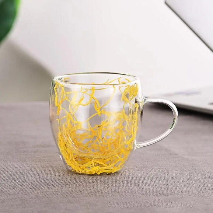 Elegant Double-Wall Glass Mug with Real Dried Flower Infusion - Heat-Resistant Tea and Coffee Cup with Stylish Handles