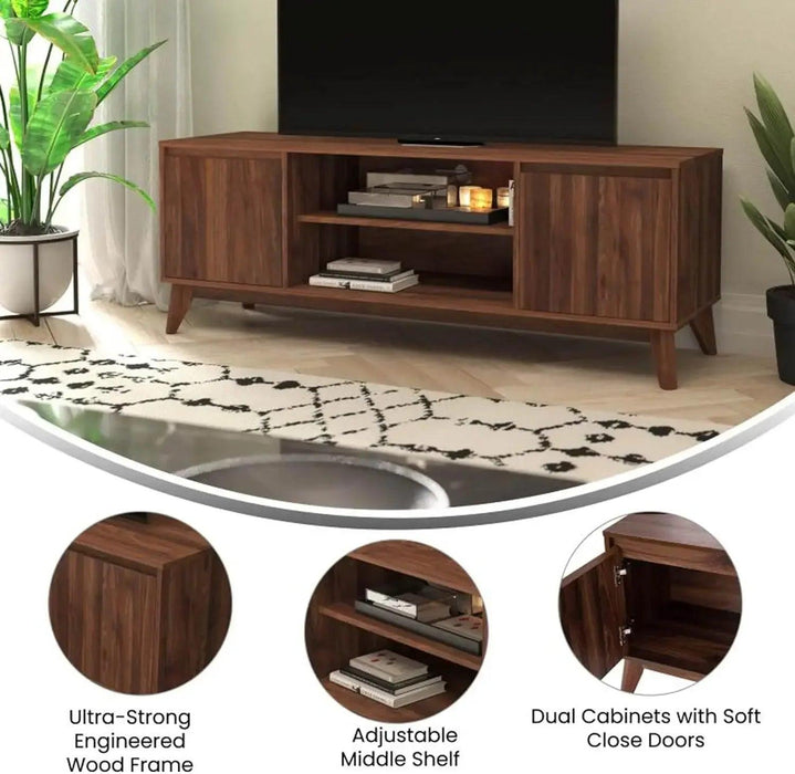 60" Walnut-Finished Mid-Century Modern TV Stand with Soft-Close Doors and Adjustable Shelf