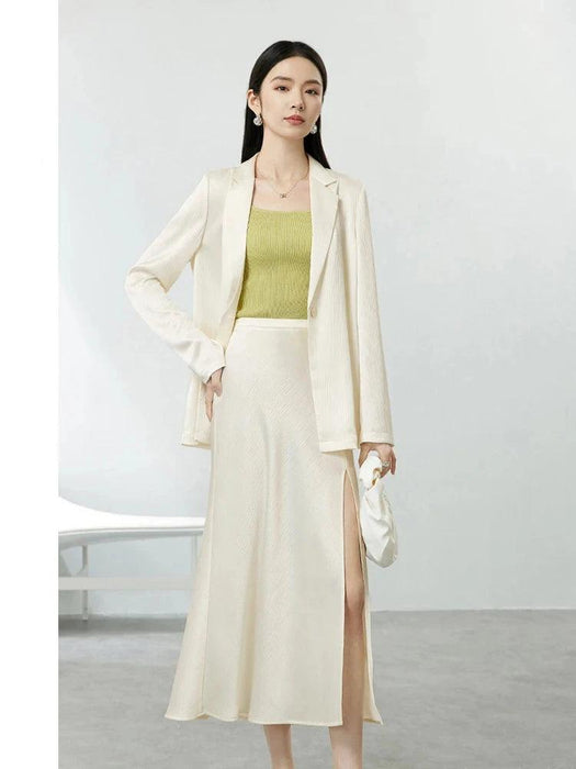 Chic Women's Satin Blazer and A-line Midi Skirt Ensemble for Autumn