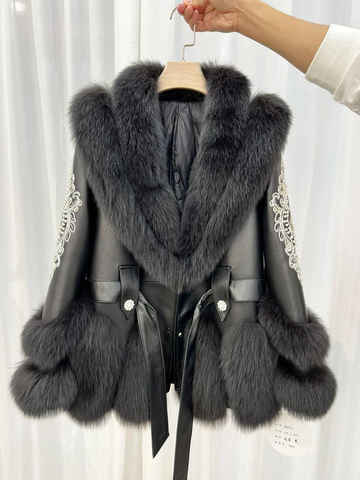 Luxurious V-neck Fox Fur and Sheepskin Winter Coat