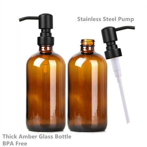 Set of 2 Stylish Amber Glass Soap Dispensers with Rust-Resistant Stainless Steel Pumps - 16 Oz