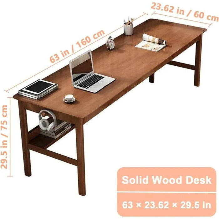 63" Elegant Mid Century Modern Solid Wood Office Desk with Storage Shelf - Walnut Finish