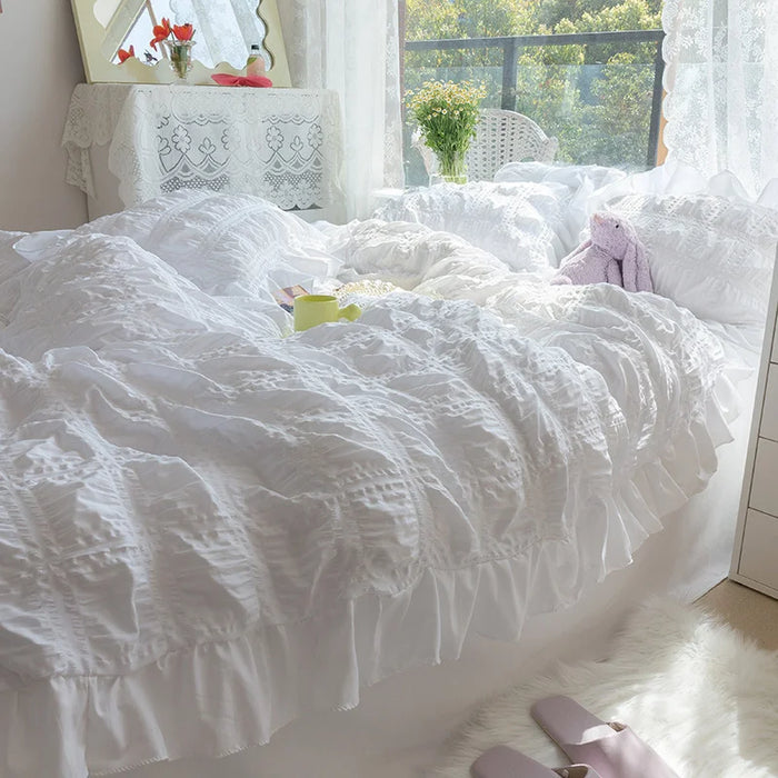 White Ruffled Seersucker Duvet Cover Set for Girls