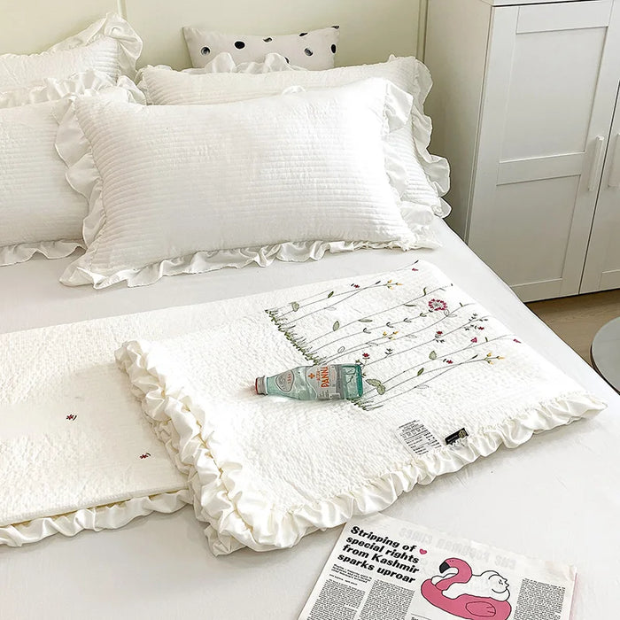 Ruffles Flowers Embroidery Summer Quilt Set