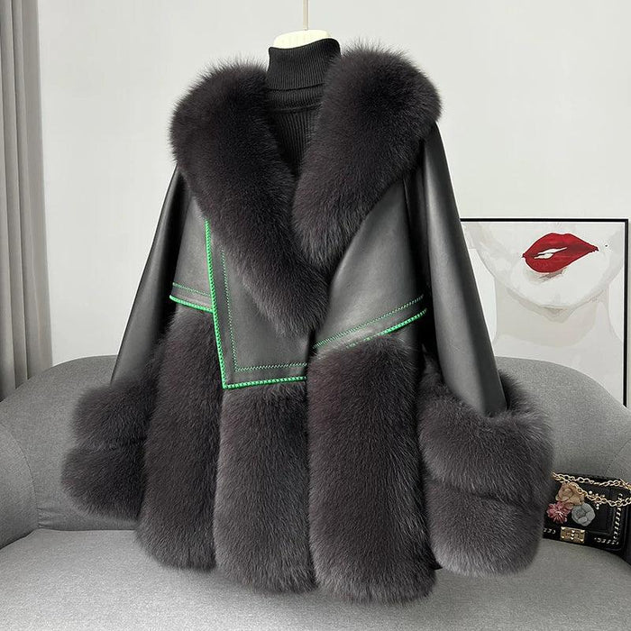 Elegant Leather and Fox Fur Women's Winter Coat