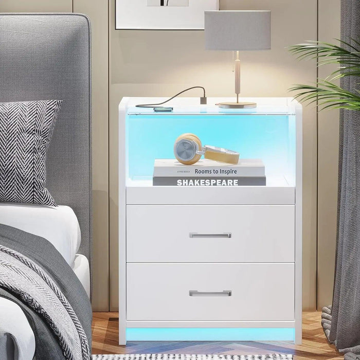 LED Smart Nightstand with Charging Station and Pull-out Tray - Modern Design with 2 Drawers