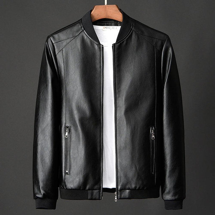 Men's Slim Fit Collarless Faux Leather Baseball Jacket - Trendy Korean Style