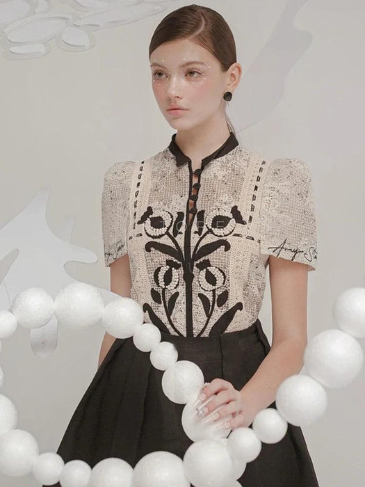 Floral Embroidery Lace Top and Pleated Skirt Set