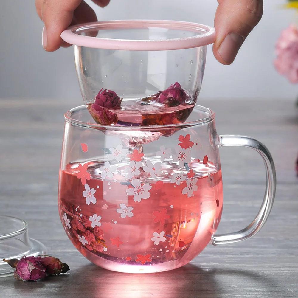 Sakura Blossom 300ml Heat-Resistant Glass Tea Mug Set with Infuser and Lid