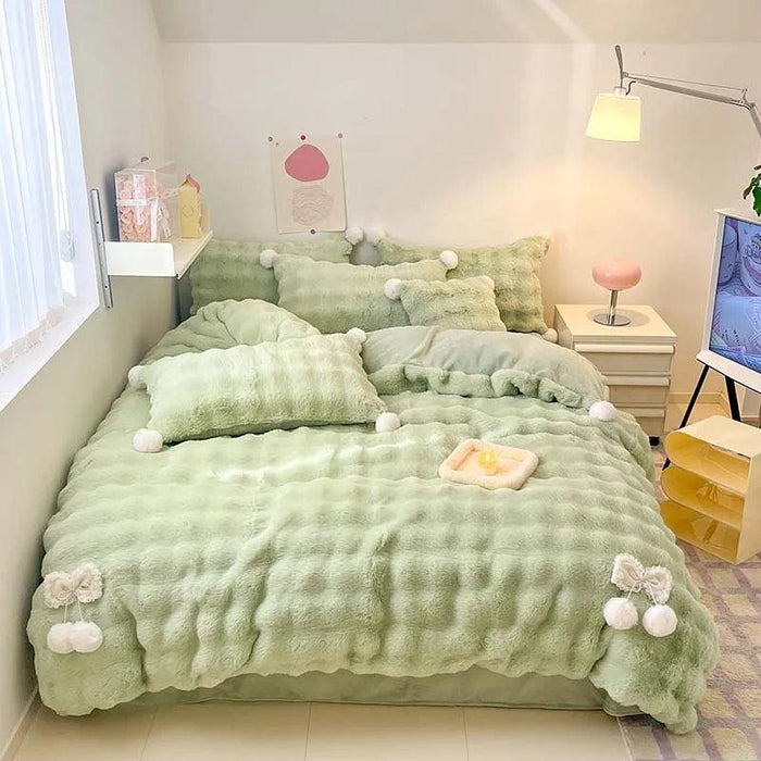 Plush Faux Rabbit Fur Bedding Ensemble with Charming Ball Accents - Duvet Cover, Sheets, and Pillowcases