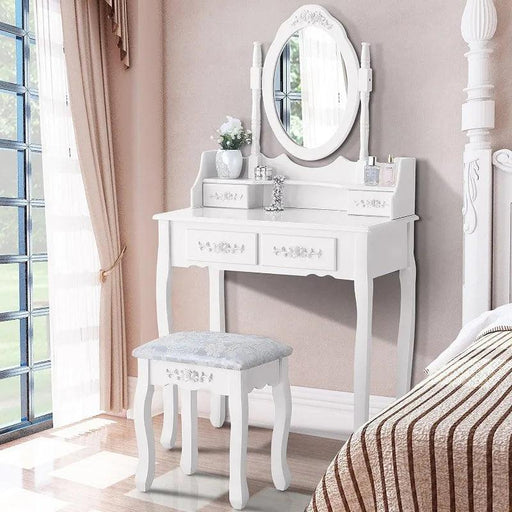 Chic White Vanity Set with Adjustable Mirror and Ample Storage Drawers