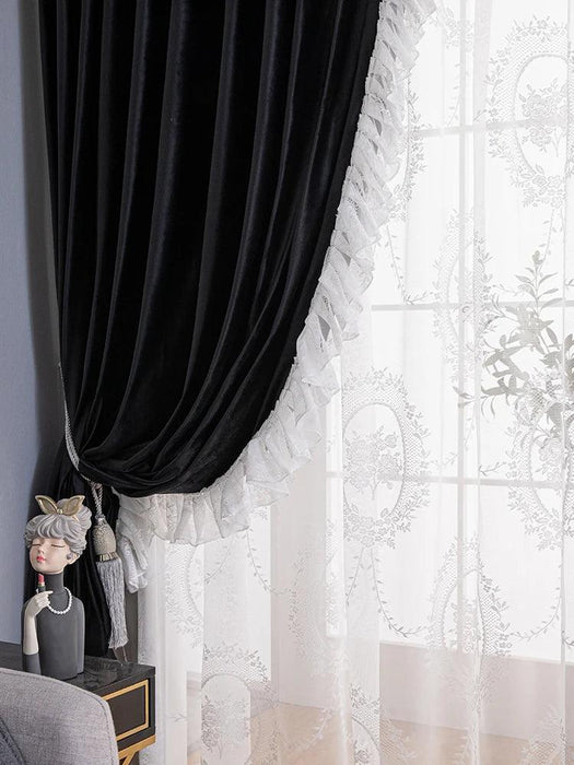 Luxurious French-Style Black Velvet Lace Blackout Drapes with Romantic Ruffles for Stylish Interiors