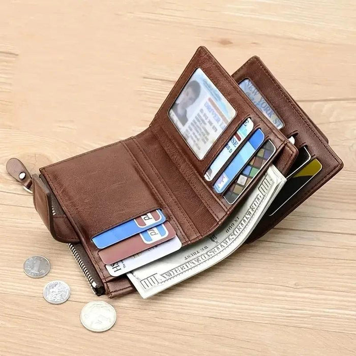 Men's RFID-Blocking PU Leather Zipper Wallet with Organized Compartments