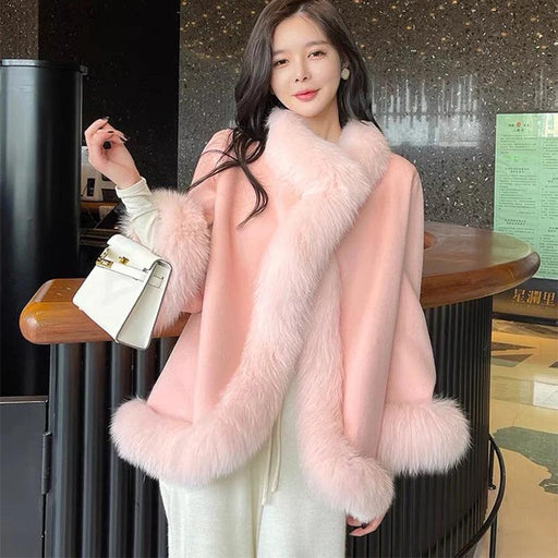 Korean Style Woolen Cape Coat with Fox Fur Collar & Cuffs for Women