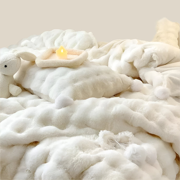 Plush Faux Rabbit Fur Bedding Ensemble with Charming Ball Accents - Duvet Cover, Sheets, and Pillowcases