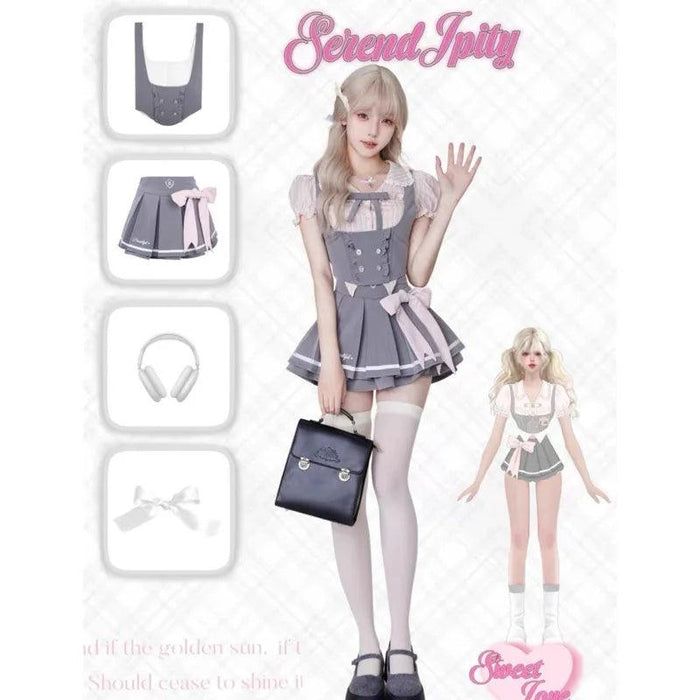 Whimsical Kawaii Dress Set with Elegant Lace Features and Chic Folded Top - Inspired by Japanese Campus Fashion