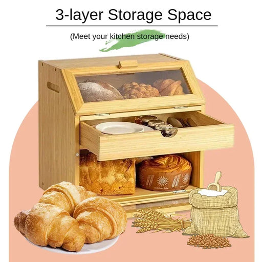 Bamboo Bread Storage Bin with See-Through Panel - 3-Layer Kitchen Bread Box for Fresh Baked Goods
