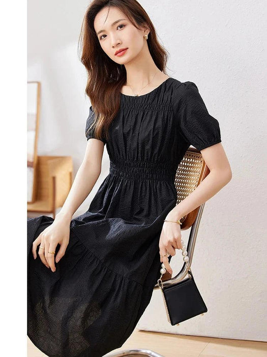 Elegant Black Hepburn Style Pleated Dress for Women - 2024 Summer Office Lady Fashion