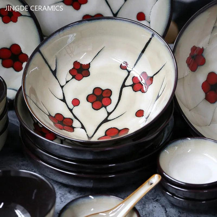 Handcrafted Plum Blossom Japanese Ceramic Dining Set - Elegant Plates and Bowls for Stylish Home Decor