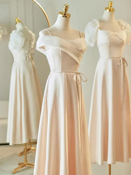 Charming Off-Shoulder Champagne Satin Bridesmaid Dress with Adjustable Lace-Up Back