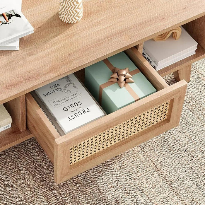 Stylish Rattan-Infused Wooden Coffee Table - Essential for Modern Living Spaces