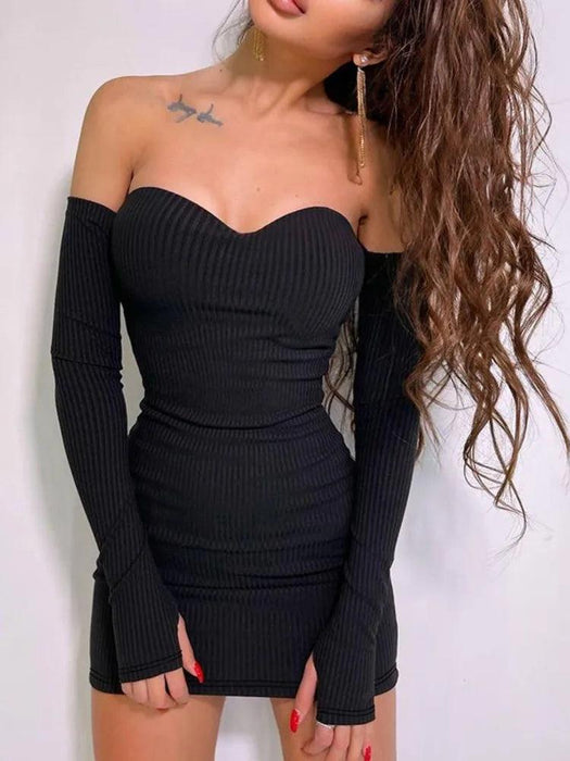 Sleek Off-Shoulder Ribbed Bodycon Mini Dress for Women with Long Sleeves and Elevated Waistline