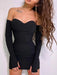 Sleek Off-Shoulder Ribbed Bodycon Mini Dress for Women with Long Sleeves and Elevated Waistline