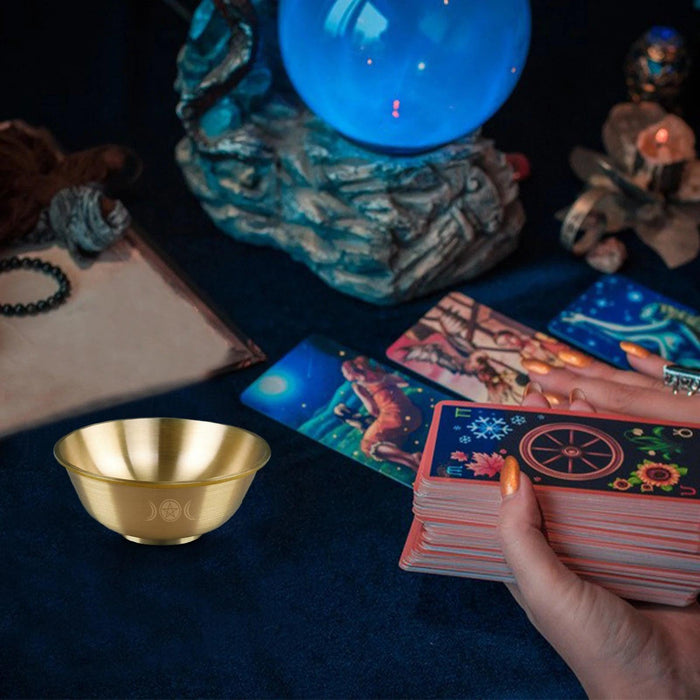 Mystical Copper Altar Bowl with Triple Moon and Pentacle Engravings for Spiritual Rituals