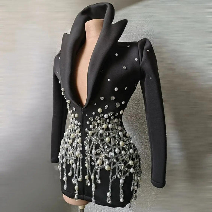 Midnight Elegance: Black Crystal Pearl Mini Dress with Chic Suit Collar