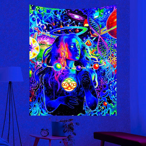 Celestial Enchantment Cosmic Wall Tapestry - Luminous Black Light Art for Celestial Harmony