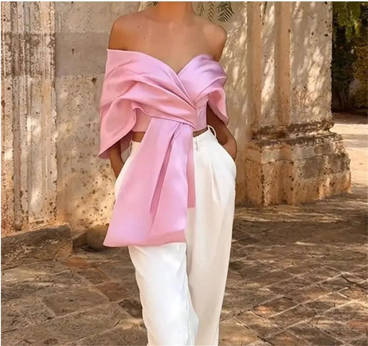 Elegant Pink Satin Off-Shoulder Crop Top with Bow and Lace-Up Accents for Women