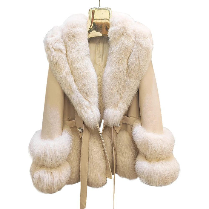 Luxurious V-neck Fox Fur and Sheepskin Winter Coat