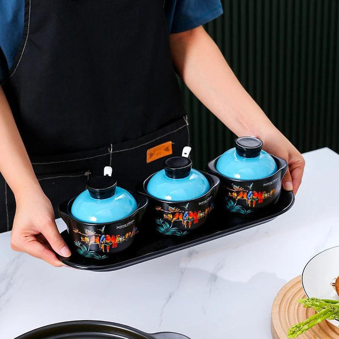 Elegant Ceramic Spice Storage Set - Stew Cup, Oil Dispenser, and Sauce Container