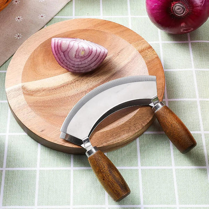 Double Blade Mezzaluna Chopper and Acacia Wood Board Set - Ideal for Efficient Herb, Nut, and Vegetable Preparation